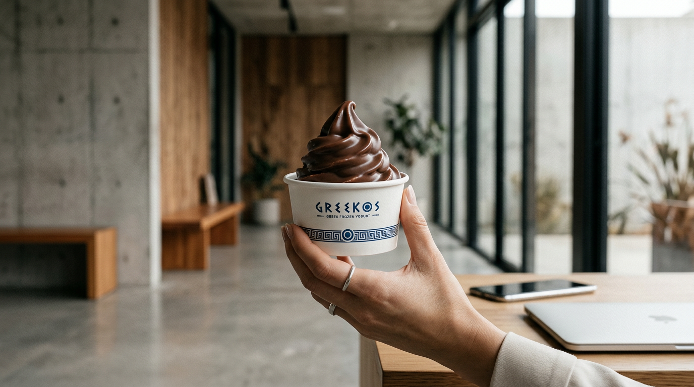 Consumidora premium degustando greek frozen yogurt en arquitectura moderna