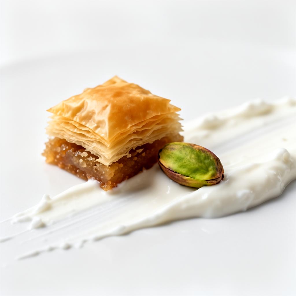 Baklava, pistache y yogurt griego en presentación científica